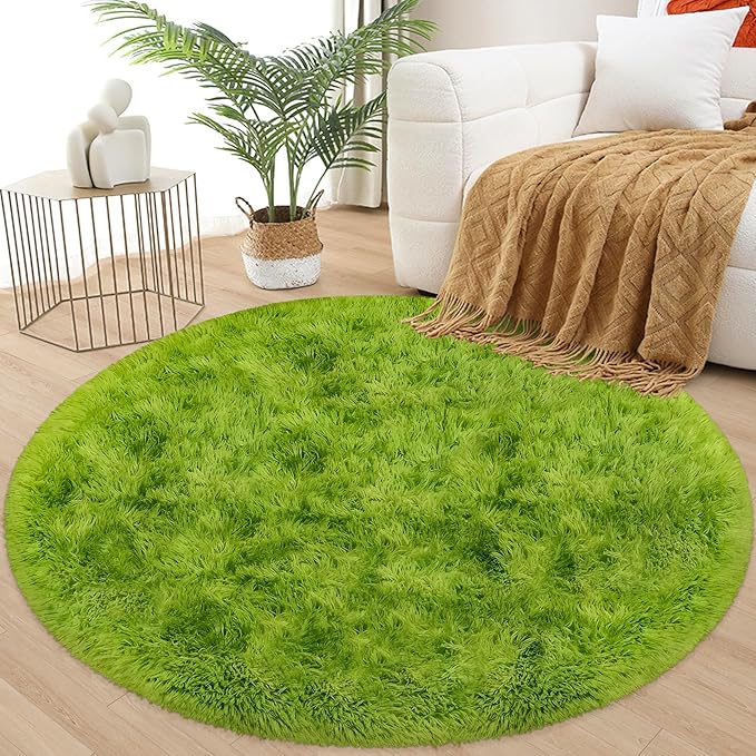 4x4 ft Tie Dye Green Round Rug for Bedroom Room Fluffy Circle Rug Furry Carpet Shaggy Circular Fuzzy Washable Non-Slip Large Area Rug Soft Indoor for Living Room Cute Aesthetic Home Decor