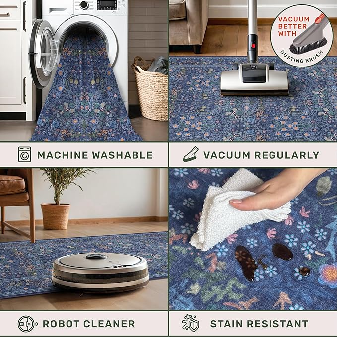Hazo Haus Dark Blue Living Room Rug 8x10, Vintage Floral Washable Area Rugs for Bedroom, Dining Room Under Kitchen Table, Oriental Low Pile Stain Resistant Non-Slip Large Navy Decor