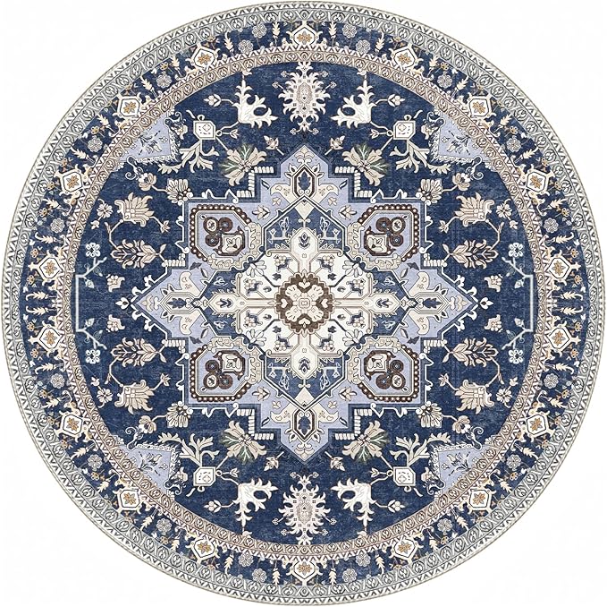 OPPODREAM Soft Round Rug 4ft, Washable Circle Rug 4ft with Non Slip Backing Play Room, Low-Pile Carpet 4 ft, Small Faux Cashmere Throw Carpet, Navy Blue & Gold