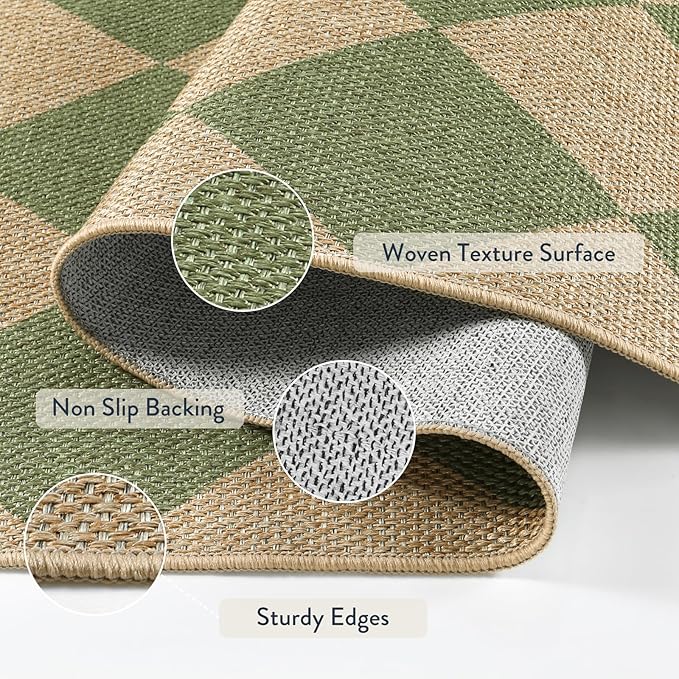 Lahome Colette Checkered Washable Rugs 5x7, Green Area Rug Neutral Large Outdoor Patio Living Room Rug, Farmhouse Non Slip Non Shedding Floor Carpet for Courtyard Camping