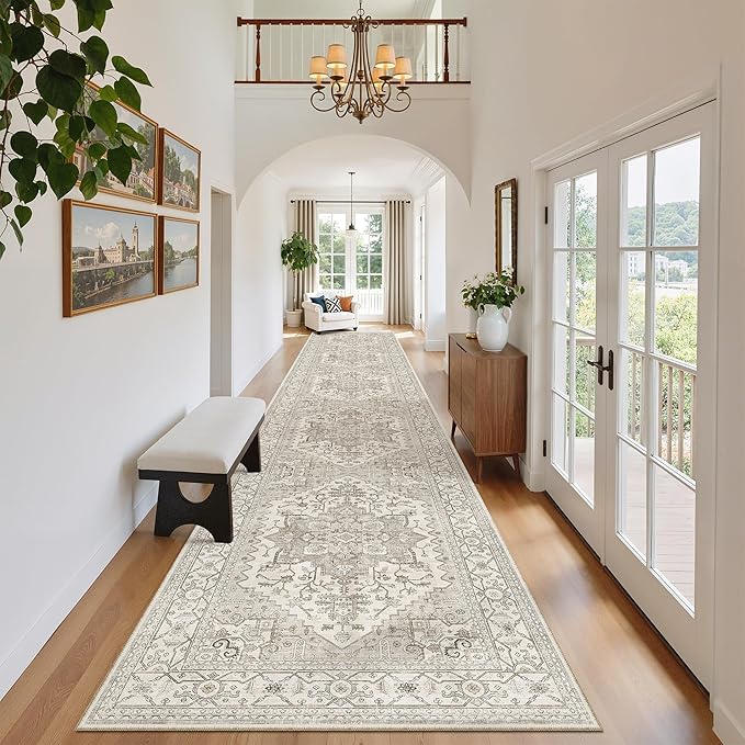 Madane Hallway Runner Rug 2'6''x16' Kitchen Runner - Non Slip Vintage Runners for Hallways Washable Kitchen Rugs Soft Low Pile 2.5x16 ft Rug Runners for Laundry Room, Entryway and Bedroom, Beige/Brown