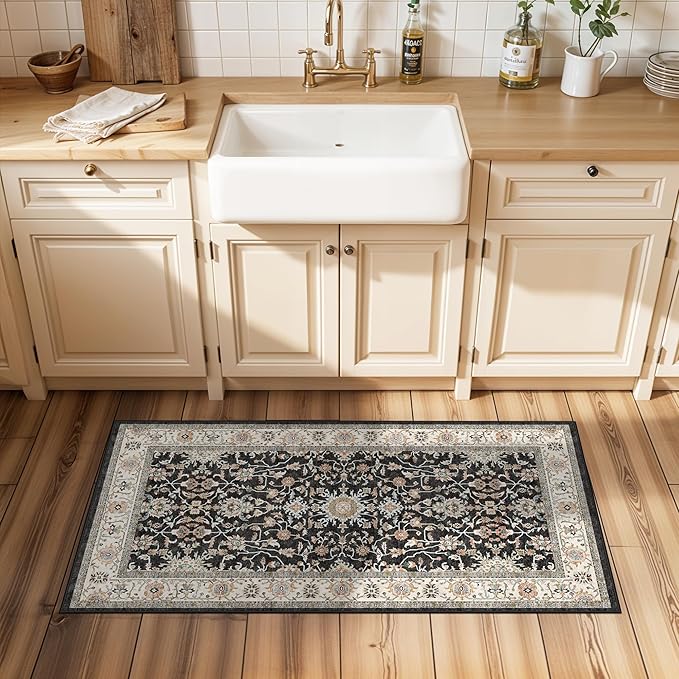TOPRUUG 2x4 Entryway Runner Rug: Non-Slip Stain Resistant Rugs for Hallway Entry Low-Pile Soft Durable Small Door Mat Vintage Carpet for Entrance Bathroom Kitchen (Black, 2x4)