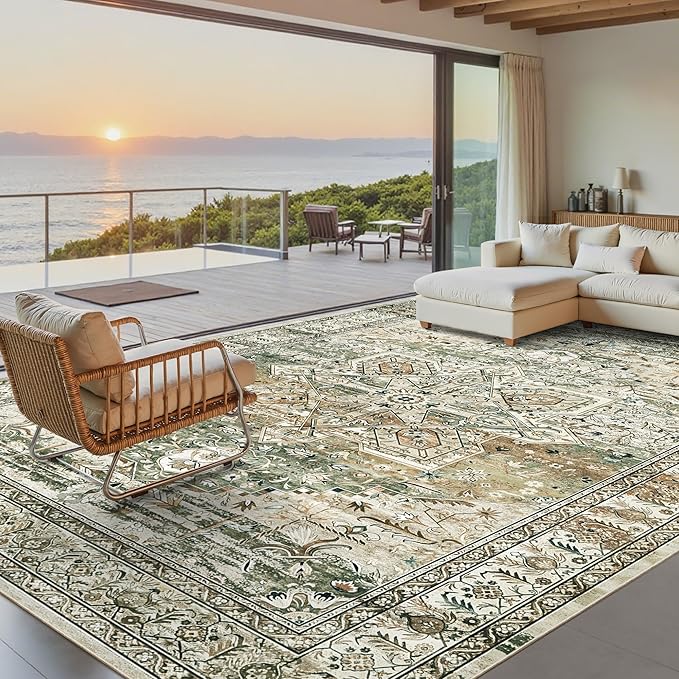9x12 Area Rugs for Living Room, Non Slip Machine Washable Vintage Rugs, Low Pile Lightweight Large Rug for Bedroom, Dining Room, Home Office Olive
