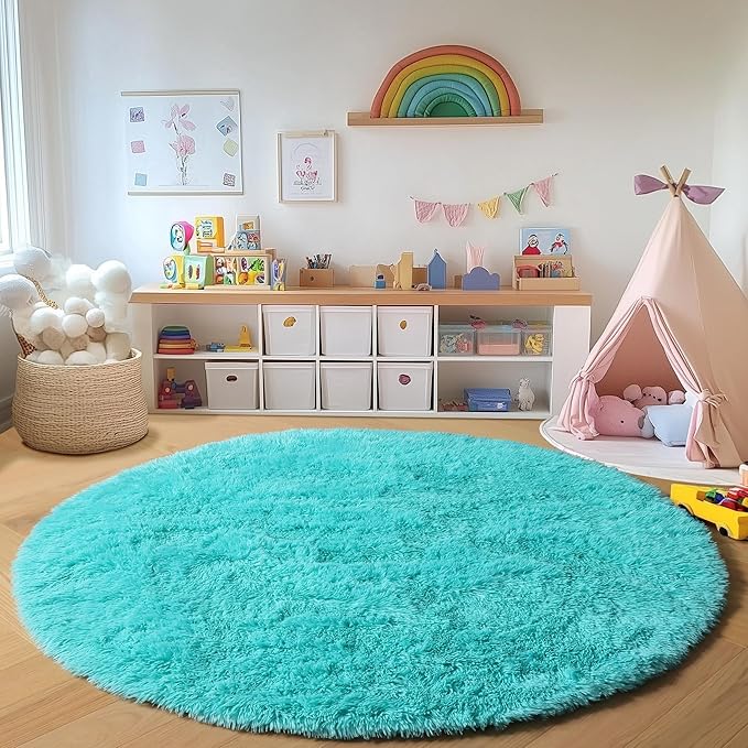 ONASAR Teal Blue Round Area Rug 4ft, Soft Fluffy Bedroom Bedside Floor Circle Rugs for Kids Girls Boys Teen Room, Cute Fuzzy Furry Plush Shaggy Carpet for Nursery Living Room Playroom Dorm Home Decor