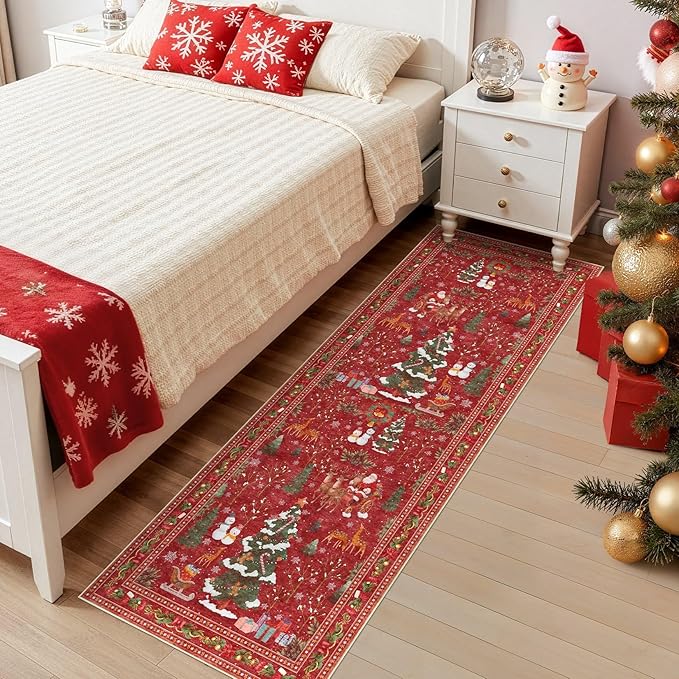 UERMEI Christmas Runner Rug for Hallway: 2x6 Neutral Modern Festive Low Pile Soft Thin Indoor Carpet for Bedroom Kitchen Mat Kids Room Holiday Decor - Red