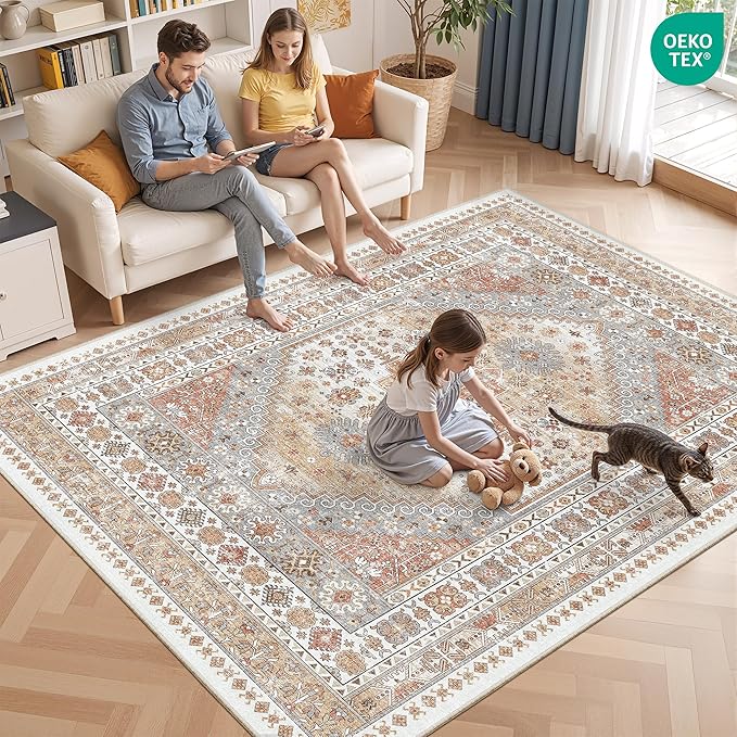 3x4 Washable Area Rug for Entryway, Soft Kitchen Rugs Non Slip for Dining Room, Vintage Living Room Rug, Thin Area Rugs Indoor for Bedroom, Kids Room Decor(Orange,3'x4')