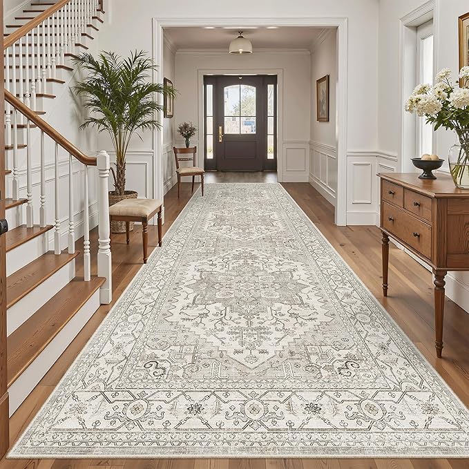 Madane 4x12 Wide Hallway Runners: Washable 12ft Runner Rug for Entryway Living Room Soft Vintage Non Slip Carpet Runner for Kitchen Dining Room Nursery Bedroom Thin Area Rug (Beige/Brown, 4x12ft)