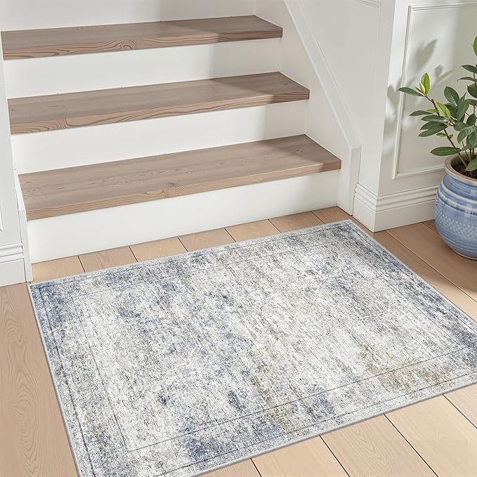 2x3 Washable Rug Runner for Bathroom, Soft Entryway Rug for Laundry Room, Kitchen, Vintage Abstract Hallway Runner for Bedroom, Anti-Slip Door Mat Indoor Entrance(2'x3', Blue/Brown/Ivory)