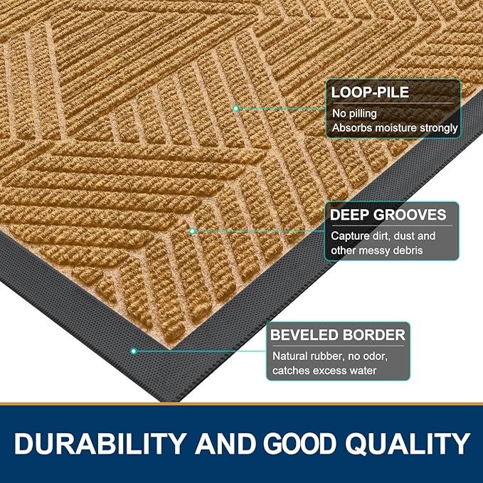 Smiry Front Door Mat Outside Entrance, Heavy Duty Sturdy Natural Rubber Doormat, Trap Dirt and Moisture, Easy Clean Low Profile Welcome Floor Mats for Indoor Outdoor Entry, 35X23 Inch, Creamy Yellow