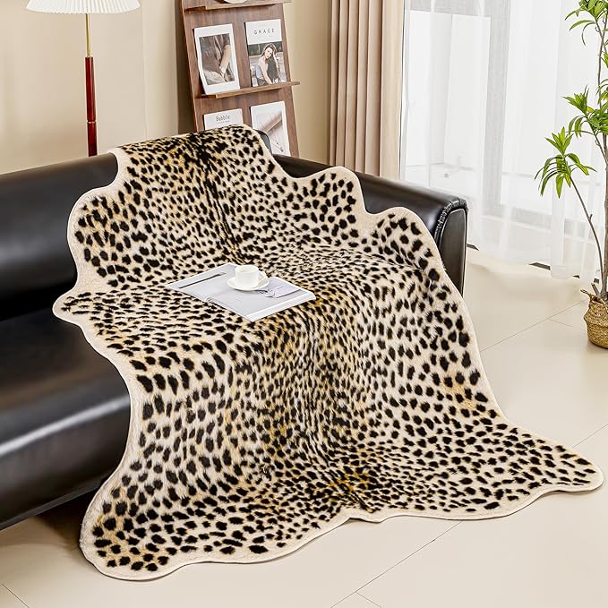 Cheetah Print Rug, Leopard Rug 4.4x5.8 Feet Faux Animal Print Skin Cheetah Area Rug for Bedroom Living Room Animal Fur Hide Rustic Antelope Multicolor
