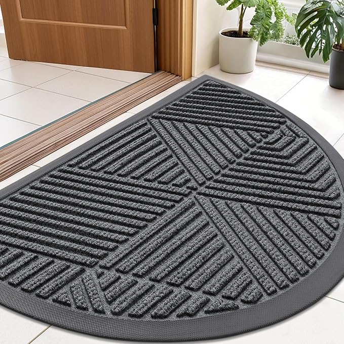 Smiry Half Circle Front Door Mat Outside Entrance, Heavy Duty Sturdy Natural Rubber Doormat, Trap Dirt and Moisture, Low Profile Mats for Indoor Outdoor Entry, Irregular Triangle (35x23, Grey)
