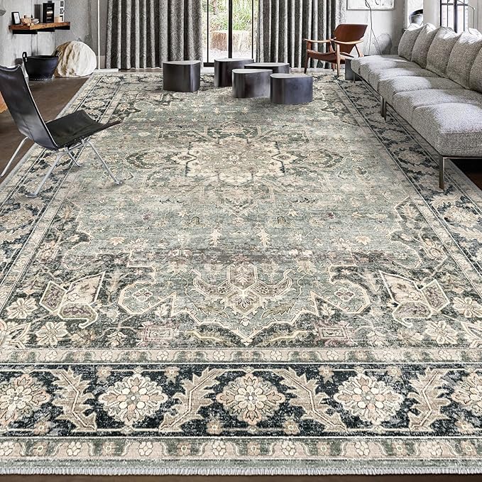 7X9 Area Rugs - 7X9 Washable Area Rug Indoor Vintage Rug Print Rug Low-Pile Floor Carpet for Living Room, Bedroom (Olive Charcoal/Yellow/Tan)