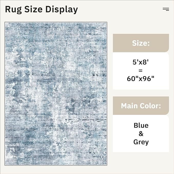 5x8 Area Rugs Blue/Grey Low Pile Indoor Washable Trendy Faded Style Rugs for Bedroom Living Room Dining Room Foldable Non-Slip Thin Print Home Office Mat