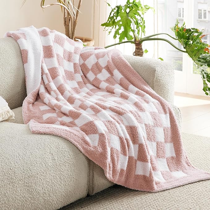 Bedsure GentleSoft Pink Checkered Throw Blanket for Couch - Soft Cozy Fluffy Blanket, Lightweight Warm Knit All Season Plaid Blankets for Bed Sofa, Birthday, for Women, 50x60 Inches