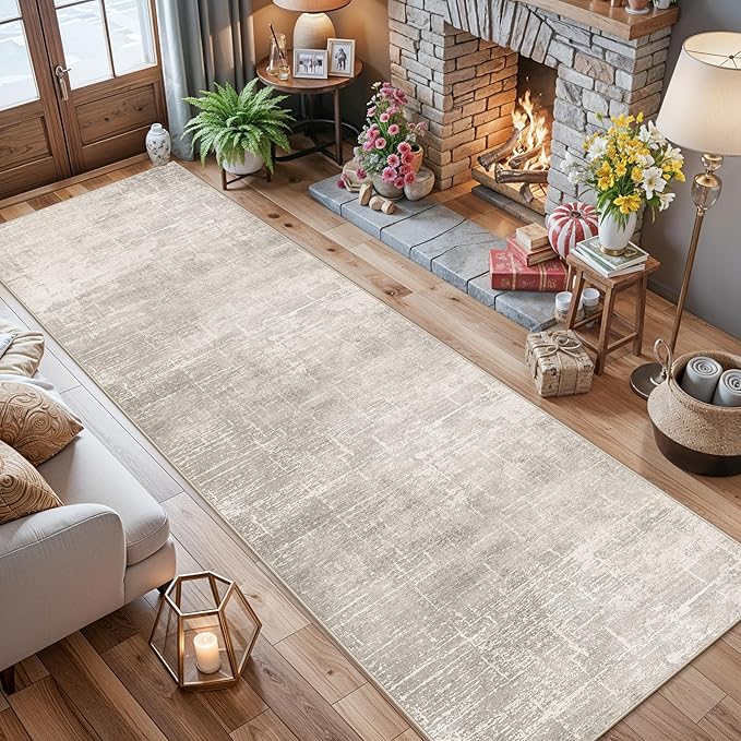 HY HAOYUNLAI 2'6x12 Runner Rugs for Hallways - Soft Kitchen Rug Non-Slip Rug Runner with Rubber Backing Washable Non Shedding Soft Beside Carpet for Bedroom Abstract Home Decor(2'6x12,Beige/Cream