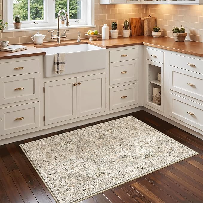 Madane Washable Area Rug 2x3, Small Entryway Rug Non-Slip Vintage Door Mat Indoor Entrance, Low Pile Floor Carpet for Inside Front Door Bedroom Kitchen Entry Laundry (2'x3', Ivory/Brown)