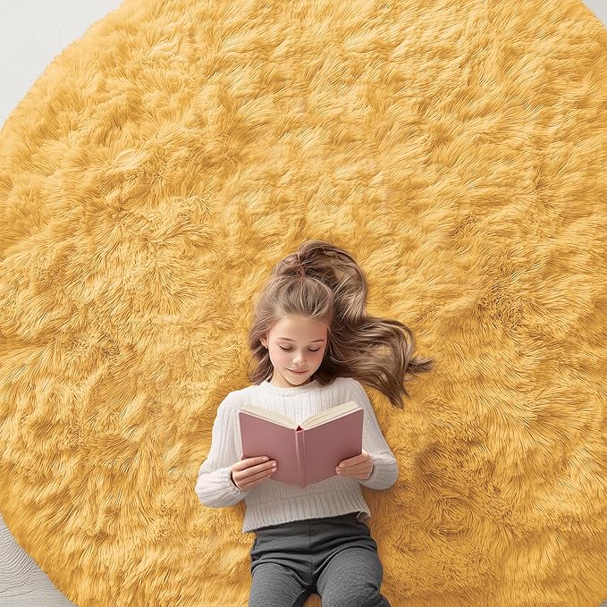 OLANLY Mustard Yellow Round Rugs for Bedroom - Machine Washable, 7 ft Circle Area Rugs for Living Room, Soft and Fluffy Shaggy Carpet for Teen Girl and Boys, Nursery Rooms, Dorms, Home Decor Aesthetic
