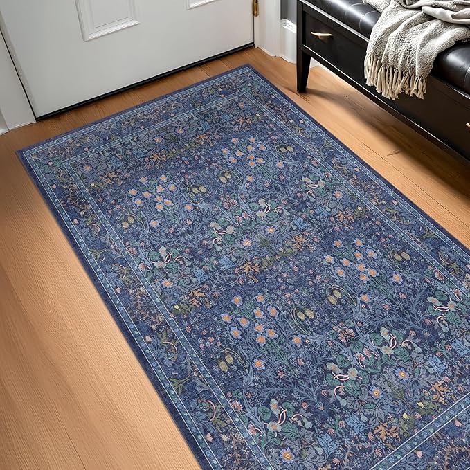 Vintage Dark Blue 4x6 Area Rugs for Large Entryway, Bedroom Beside Rug, Kitchen, Mudroom, Non-Slip Low Pile Ultra Soft Stain Resistant Small Floral Carpet