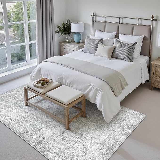PureCozy 5x7 Area Rug Washable Vintage Living Room Carpet Large Indoor Non Slip Grey Bedroom Distressed Low Pile Retro Accent Throw Rug for Dining Room