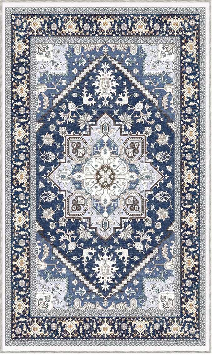 OPPODREAM Soft Area Rugs 3x5, Washable Rugs with Non Slip Backing, Low-Pile Throw 3x5 Carpet, Faux Cashmere 3 x 5 Carpet, Navy Blue & Gold
