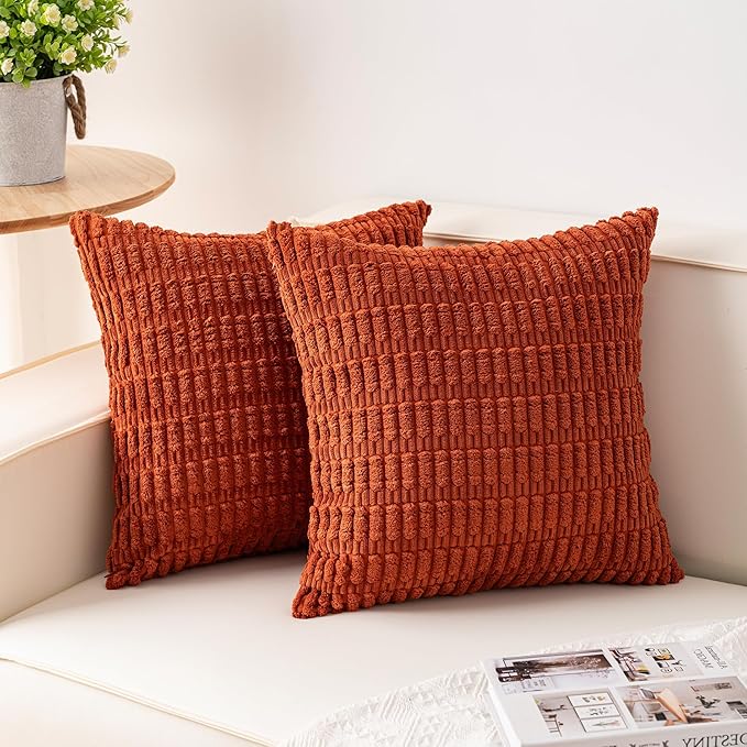 Pack of 2 Corduroy Decorative Throw Pillow Covers 16x16 Inch Soft Striped Pillow Covers Modern Farmhouse Home Decor for Sofa Living Room Couch Bed（Rust）
