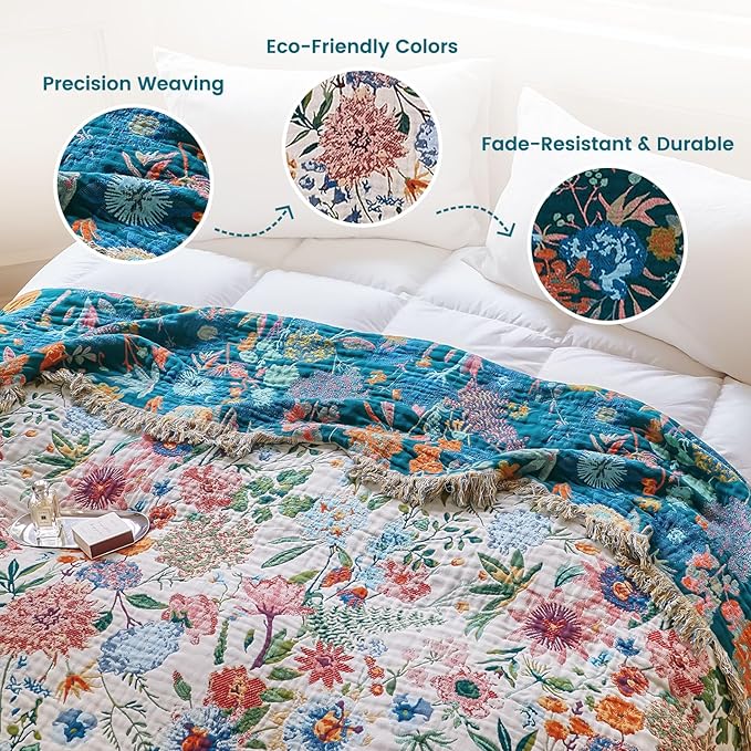 MSGKV Boho Throw Blanket 60"x80" Bed Floral 100% Cotton Blanket Spring Breathable Lightweight Farmhouse Twin Size Couch Blankets Home Decor Muslin Guaze All Seasons