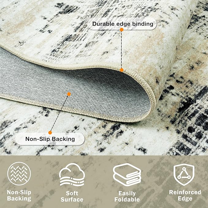 8x10 Area Rugs for Living Room Washable Rug: Anti-Skid Abstract Modern Living Room Rug Soft Thin Carpets Indoor Floor Non-Shedding Carpet for Bedroom Dining Farmhouse Nursery Black Gray Gold
