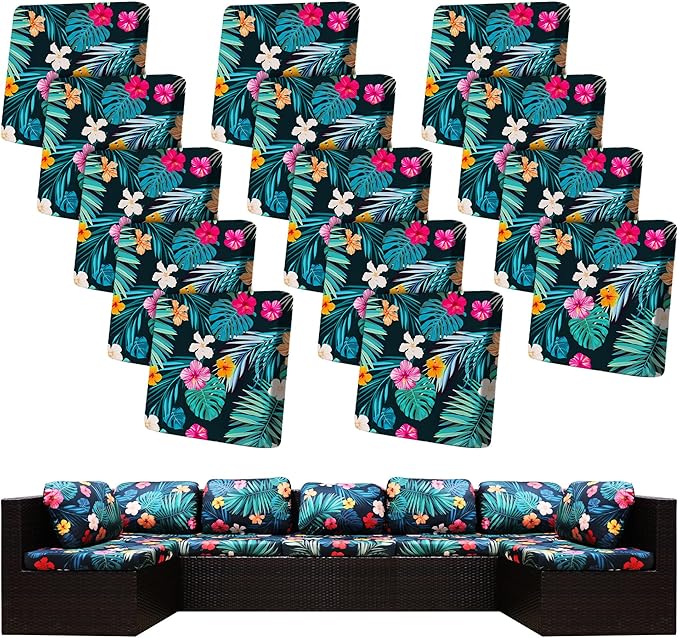14Pcs Stretch Patio Cushion Covers,Outdoor Couch Covers Replacement,Outdoor Couch & Sofa Slipcovers,for Patio Furniture Cushion Covers,Washable Reusable Furniture Protector (Summer Night ,Cover Only)