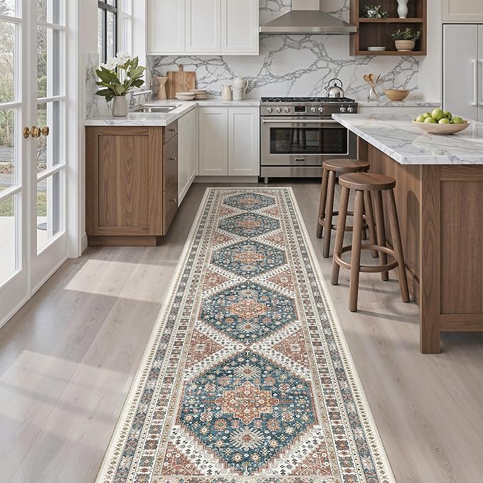 Madane Hallway Runner Rug 2x12, Extra Long Washable Runner Rugs with Rubber Backing, Non Slip Carpet Runner for Hallway, Vintage Rug Runners for Kitchen Laundry Room Entryway (Navy Blue, 2'x12')