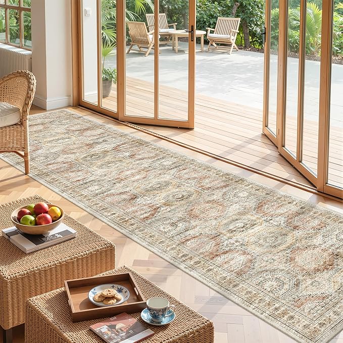 Long Bathroom Rugs Runner - Washable Runner Rugs for Hallway 2x10, Ultra-Thin Soft Kitchen Carpet Runner, Anti Slip Backing Runner Rugs for Entrance, Bedroom, Living Room(2'x10', Brown/Pink)