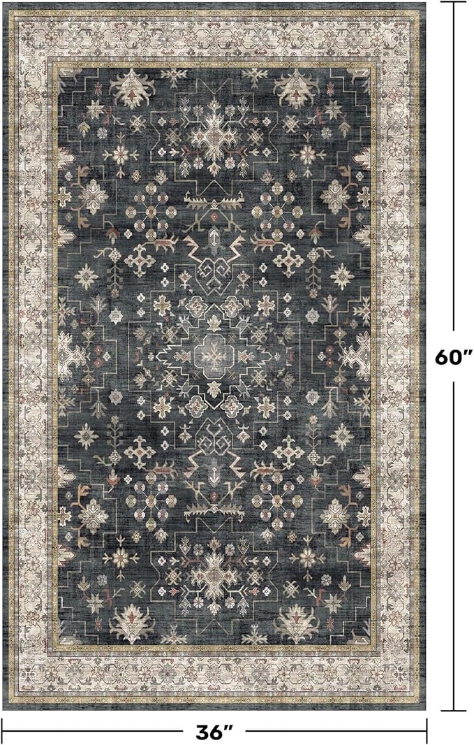 Large 3x5 Entryway Rug Indoor - Washable Non-Slip Low Pile Ultra Soft Area Rug for Large Kitchen, Bedroom Bedside, Mudroom - Distressed Boho Modern Aesthetic Geometric Decor, Ashen/Multi
