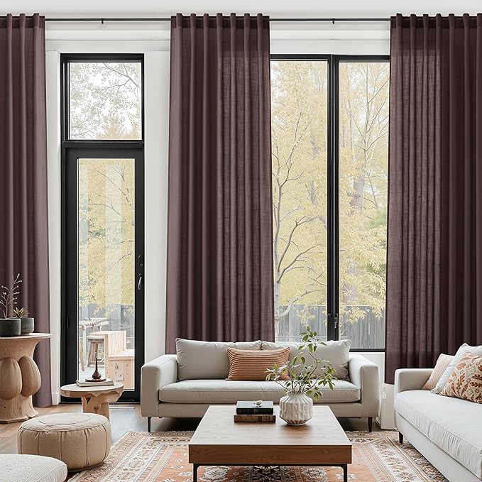 Coffee Brown Linen Curtains for Living Room 105 Inches Long Light Filtering Semi Sheer Curtain Back Tab Luxury Modern Rustic Home Decor Neutral Drapes for Bedroom Dinner Room 52x105, 2 Panels
