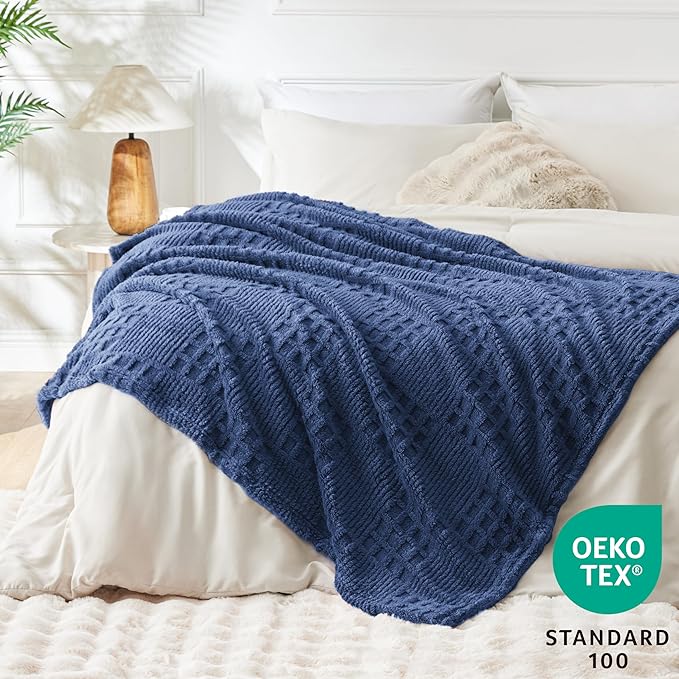 EXQ Home Fleece Throw Blanket for Couch or Bed - 3D Waffle Patchwork Pattern Jacquard Decorative Blankets - Cozy Soft Lightweight Fuzzy Flannel Blanket Suitable for All Seasons(50"×60",Dark Blue)
