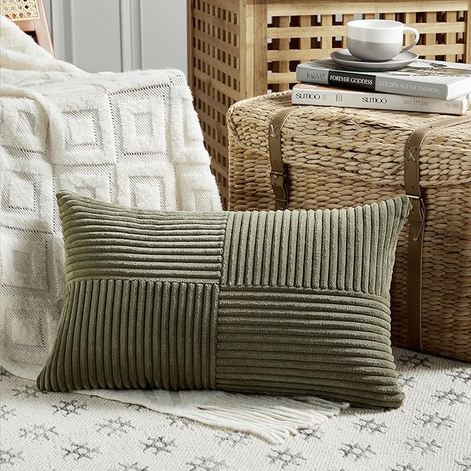 Fancy Homi 2 Packs Olive Green Lumbar Decorative Throw Pillow Covers 16x32 Inch for Living Room Couch Bed, Farmhouse Boho Home Decor, Soft Striped Corduroy Rectangle Accent Cushion Case 40x80 cm