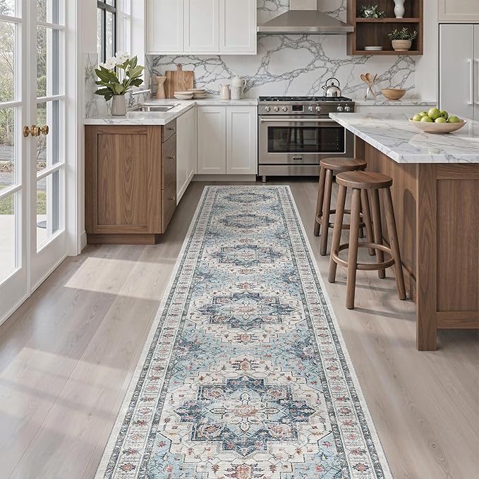 Madane Hallway Runner Rug 2x12, Extra Long Washable Runner Rugs with Rubber Backing, Non Slip Carpet Runner, Vintage Medallion Rug Runners for Kitchen Laundry Room Entryway (Blue, 2'x12')