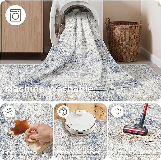 Washable Runner Rugs for Bedroom - 2x6 Runner Rug Non Slip, Ultra-Thin Entryway Runner, Soft Abstract Kitchen Runner for Hallway, Laundry, Indoor Door Mat(2'x6', Blue/Brown/Ivory)
