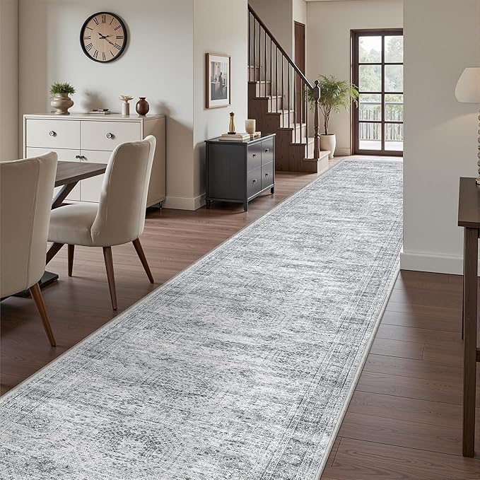 3x16 Washable Runner Rug for Hallway, Non-Slip Long Hallway Runner for Entryway, Soft Vintage Kitchen Mats for Floor, Abstract Dining Room, Bedroom, Living Room Rugs(3'x16', Grey/Ivory)