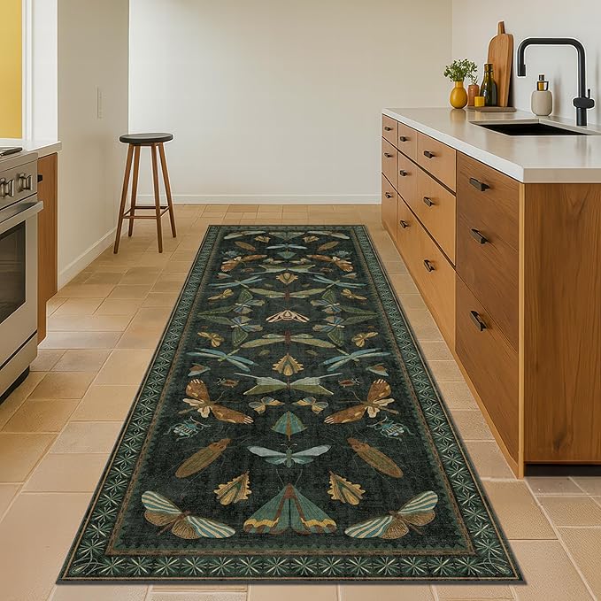 Dark Green 3x10 Extra Long Runner Rugs for Hallways - Boho Kitchen Rug Non Slip, Wide Indoor Floor Mats for Entryway, Insect & Floral Design Low Pile Stain Resistant Carpet