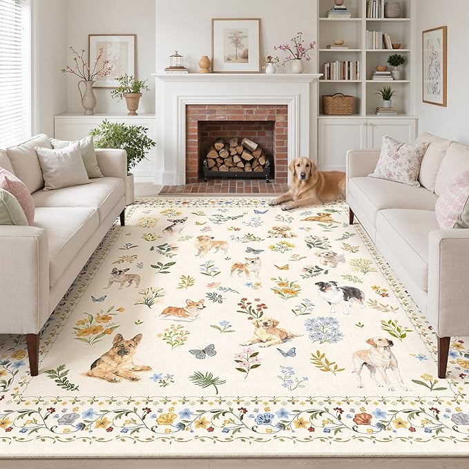 Soalmost Dog 8x10 Area Rugs for Living Room, Machine Washable Animal Floral Vintage Rug Non-Slip Low Pile Soft Throw Large Rugs for Bedroom Dining Room Kitchen Nursery Playroom (8 x 10,Beige)