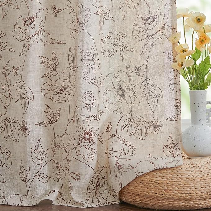 jinchan Floral Linen Curtains for Living Room 84 Inch Length Brown Flower Curtain Rod Pocket Back Tab Farmhouse Curtains with Printed Floral Bedroom Window Curtain Set, 2 Panels Brown