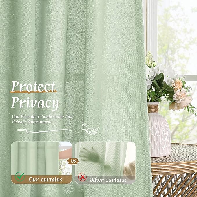 LAMIT Light Green Linen Window Curtains 63 Inch Length, Light Filtering Neutral Privacy Curtain Panels Farmhouse Rod Pocket Living Room Drapes for Bedroom, 2 Panels, 52 x 63 Inch