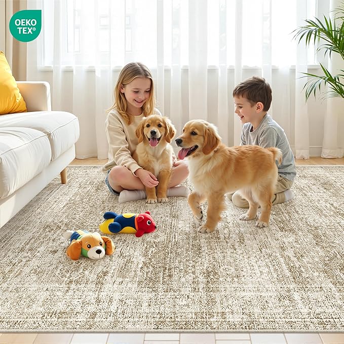 8x10 Area Rugs for Living Room, Non-Slip Backing Large Washable Rug for Nursery Room, Vintage Abstract Bedroom Rugs, Thin Indoor Home Decor Soft Farmhouse Rug (8'x10', Brown/Ivory)