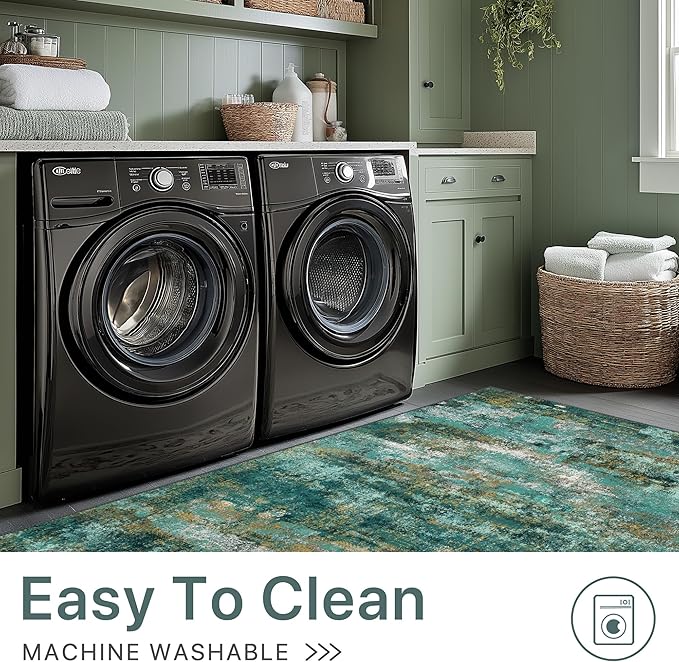 Area Rugs 5x8 for Living Room Bedroom, Modern Abstract Machine Washable Rug, Large Soft Low Pile Floor Carpet with Non Slip Backing for Dining Room, Turquoise
