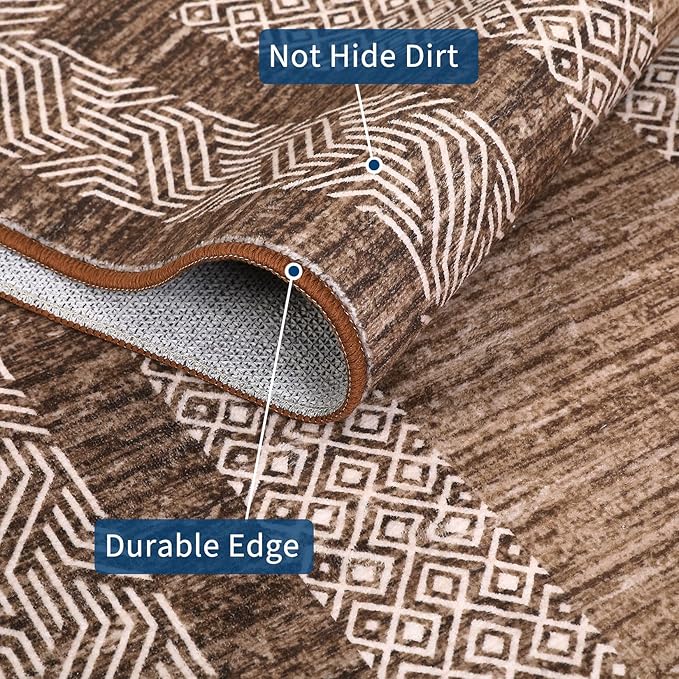 GarveeHome Modern Geometric Area Rug 2x3 Distressed Bordered Washable Non Slip Floor Small Carpet Non Shedding Thin Soft Low Pile Rug, Contemporary Gray Rug for Dining Room, Living Room Dark Brown