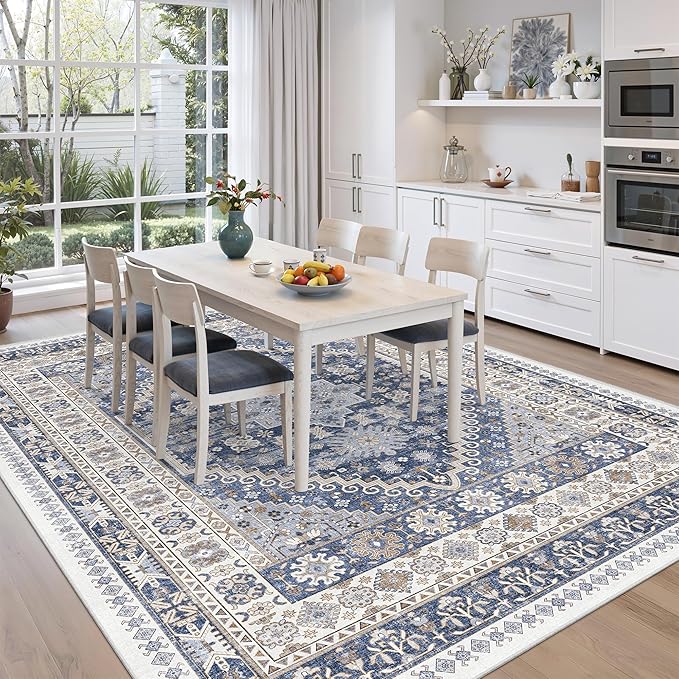 zesthome 8x12 Area Rugs,Stain Resistant Washable Rug,Ultra-Thin Rugs for Living Room,Bedroom,Non-Slip Backing Home Decor Large Area Rug (Blue/Beige,8'x12')