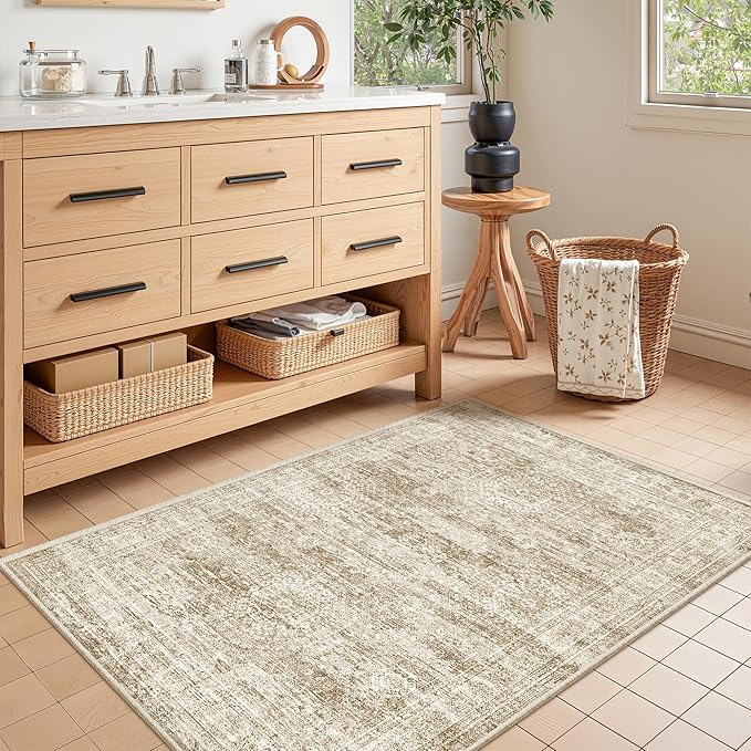 3x4 Washable Area Rug for Entryway, Soft Kitchen Rugs Non Slip for Dining Room, Vintage Abstract Living Room Rug, Thin Area Rugs Indoor for Bedroom, Kids Room Decor(3'x4', Brown/Ivory)