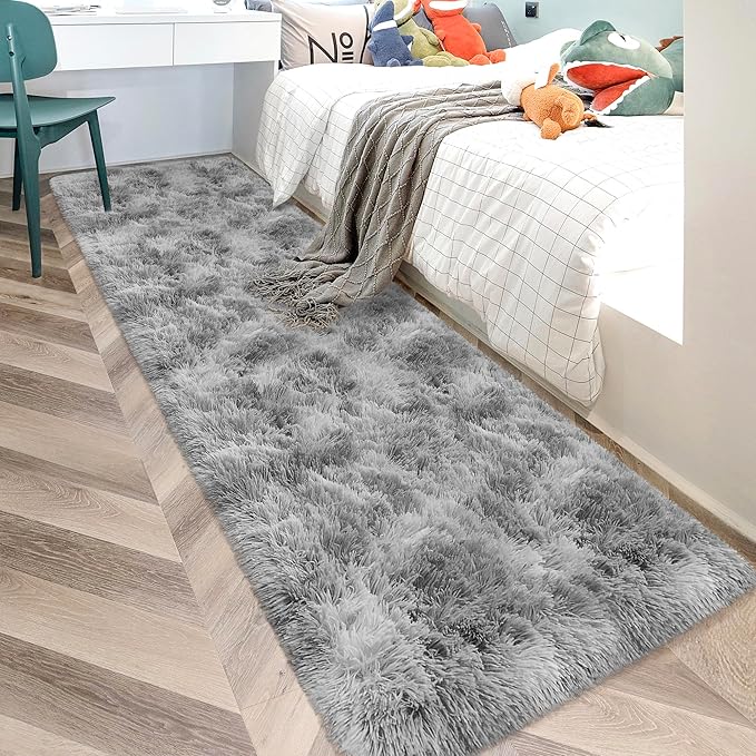 Super Soft Fluffy Living Room Area Rug 2x10 ft Tie-Dyed Light Grey Shaggy Furry Carpet Washable Non-Slip Floor Rugs Bedroom Bedside Nursery Rug Fuzzy Boys Girls Dorm Home Decor Aesthetic