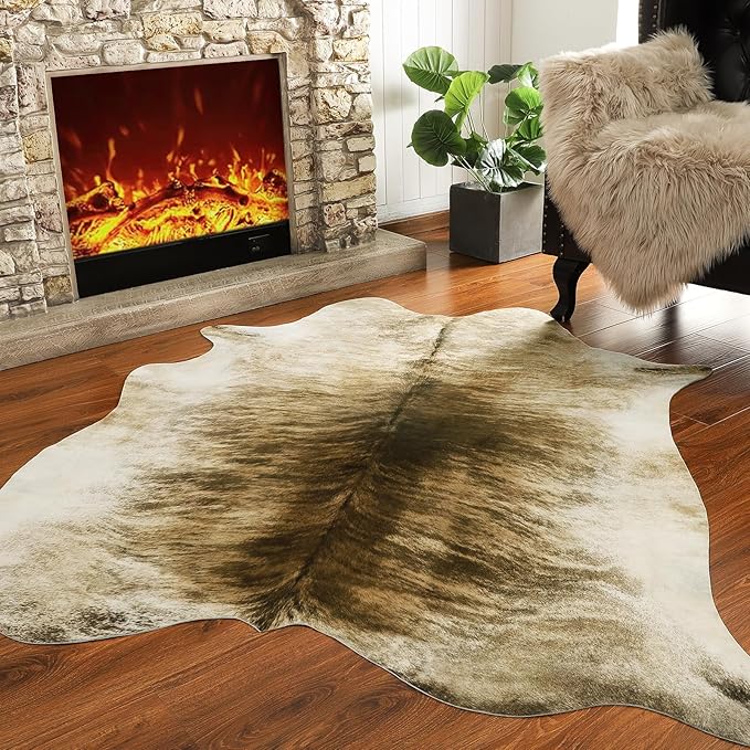 AROGAN Western Decor Faux Fur Cowhide Rug, 4 x 3 Feet Premium Animal Skin Cow Hide Rug, Sturdy Cow Print Rugs for Wall Decor, Western Floor Carpet for Bedroom Living Room, Brownish