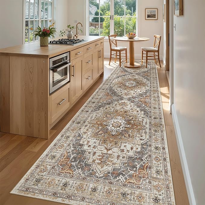 Madane Hallway Rug 3x10, Kitchen Rugs Washable Entryway Rug Vintage Kitchen Runners Non Slip Indoor Area Rug Farmhouse Carpet Runner for Bathroom Living Room Bedroom, Turmeric/Grey