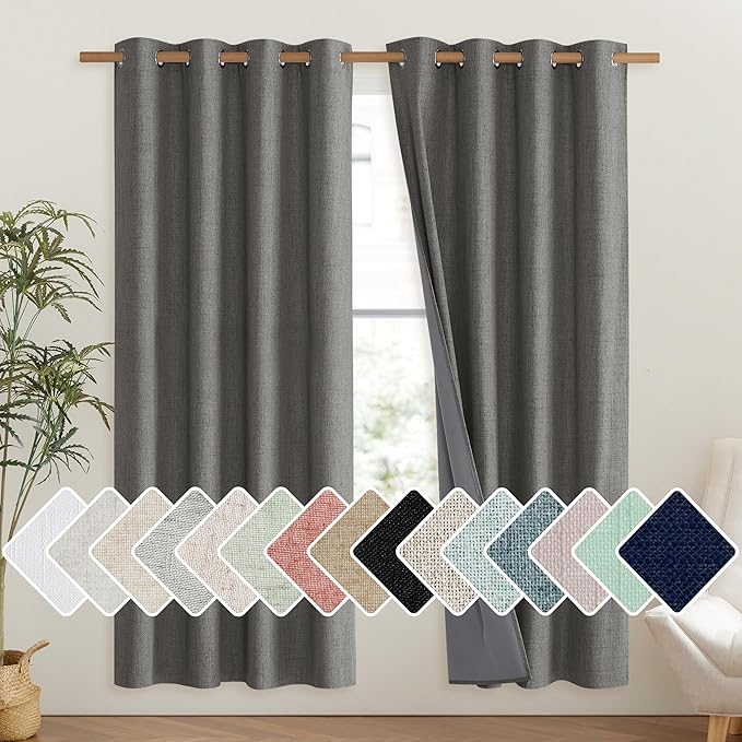 NICETOWN Grizzle Gray Vintage Linen 100% Blackout Curtains for Living Room, Thermal Insulated Curtains 72" Long, Noise Reducing Window Treatment Drapes for Hall Room, 52" Wide Per Panel, Set of 2